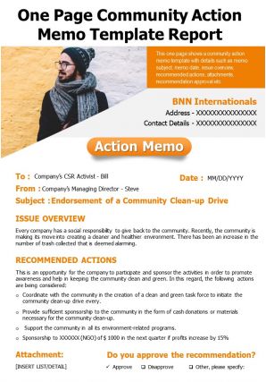 One page community action memo template report presentation report infographic ppt pdf document