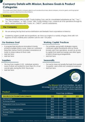 One page company details with mission business goals and product categories infographic ppt pdf document