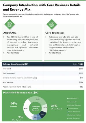 One page company introduction with core business details and revenue mix ppt pdf document