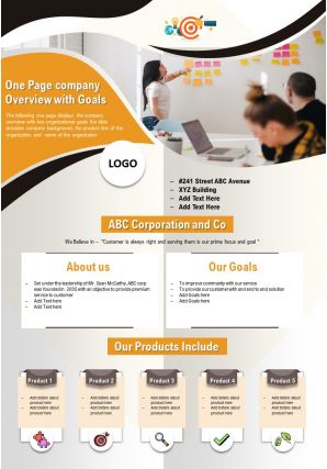One page company overview with goals presentation report infographic ppt pdf document