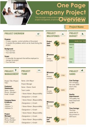 One page company project overview presentation report infographic ppt pdf document