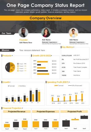 One page company status report presentation infographic ppt pdf document