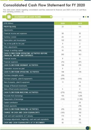 One page consolidated cash flow statement for fy 2020 template 93 infographic ppt pdf document