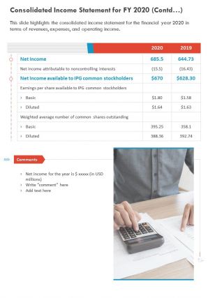 One page consolidated income statement for fy 2020 contd template 310 report infographic ppt pdf document
