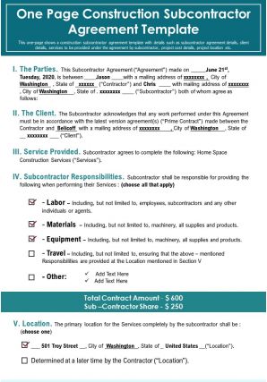 One page construction subcontractor agreement template presentation report infographic ppt pdf document