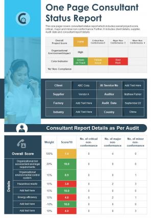 One Page Consultant Status Report Presentation Infographic Ppt Pdf Document