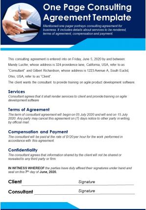One page consulting agreement template presentation report infographic ppt pdf document