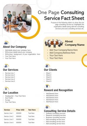One page consulting service fact sheet presentation report infographic ppt pdf document