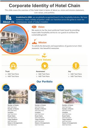 One page corporate identity of hotel chain presentation report infographic ppt pdf document