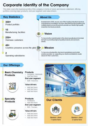 One page corporate identity of the company presentation report infographic ppt pdf document