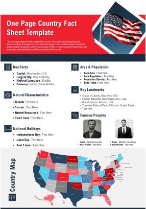 One page country fact sheet template presentation report infographic ppt pdf document