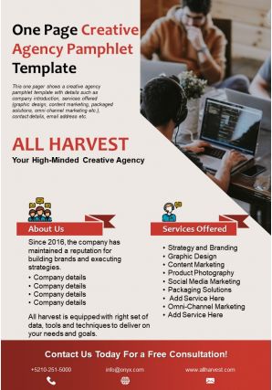 One page creative agency pamphlet template presentation report infographic ppt pdf document