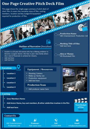 One page creative pitch deck film presentation report infographic ppt pdf document