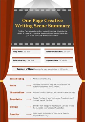 One page creative writing scene summary presentation report infographic ppt pdf document