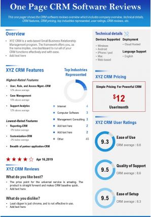 One page crm software reviews presentation report infographic ppt pdf document