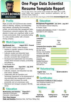 One page data scientist resume template report presentation report infographic ppt pdf document