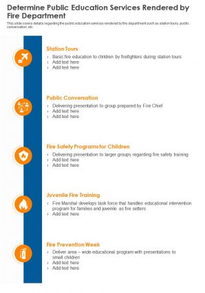 One page determine public education services rendered by fire department infographic ppt pdf document