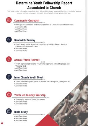 One page determine youth fellowship report associated to church presentation report infographic ppt pdf document
