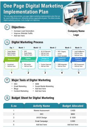 One page digital marketing implementation plan presentation report infographic ppt pdf document