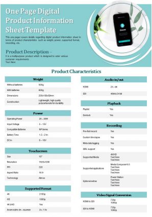 One page digital product information sheet template presentation report infographic ppt pdf document