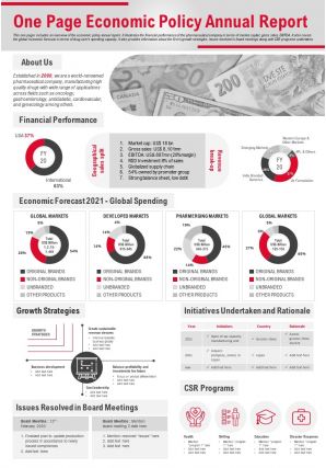 One page economic policy annual report presentation report infographic ppt pdf document