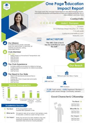 One page education impact report presentation report infographic ppt pdf document