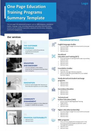 One page education training programs summary template presentation report infographic ppt pdf document