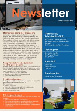 One Page Elementary Computer Classroom Newsletter Presentation Report Infographic PPT PDF Document