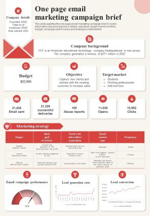 One Page Email Marketing Campaign Brief Presentation Report Infographic Ppt Pdf Document
