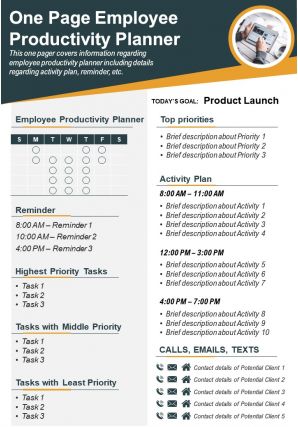 One page employee productivity planner presentation report infographic ppt pdf document