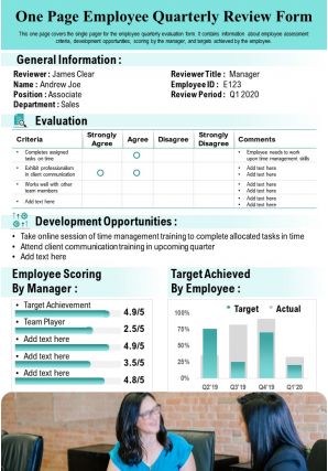 One page employee quarterly review form presentation report infographic ppt pdf document