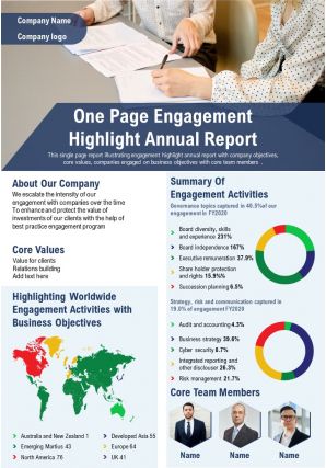 One page engagement highlight annual report presentation report infographic ppt pdf document
