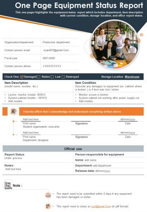 One page equipment status report presentation infographic ppt pdf document