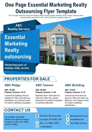 One page essential marketing realty outsourcing flyer template report ppt pdf document