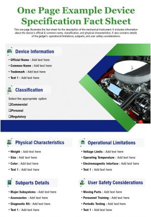 One page example device specification fact sheet presentation report ppt pdf document