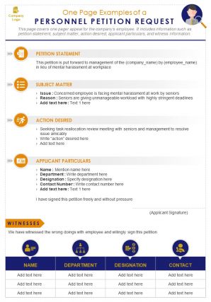 One page examples of a personnel petition request presentation report infographic ppt pdf document