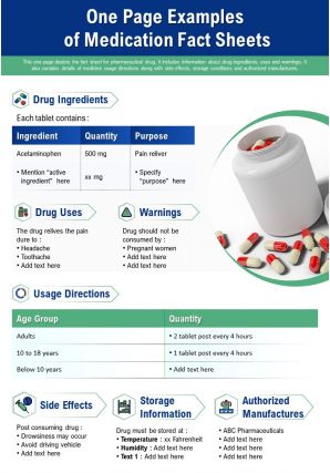 One page examples of medication fact sheets presentation report ppt pdf document