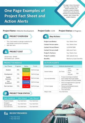 One page examples of project fact sheet and action alerts infographic ppt pdf document