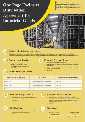 One page exclusive distribution agreement for industrial goods presentation report infographic ppt pdf document