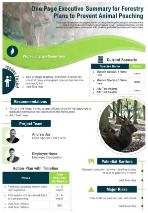 One page executive summary for forestry plans to prevent animal poaching report infographic ppt pdf document