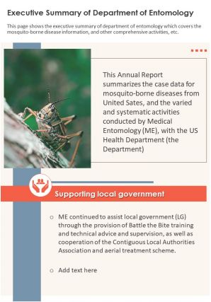 One page executive summary of department of entomology presentation report infographic ppt pdf document