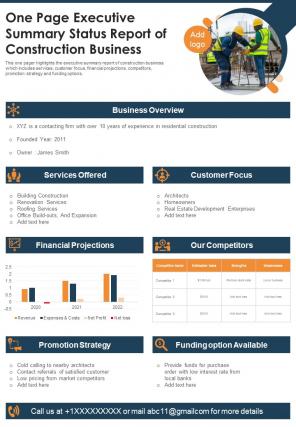One Page Executive Summary Status Report Of Construction Business Presentation Report Infographic Ppt Pdf Document