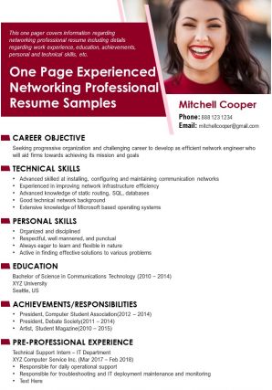 One page experienced networking professional resume samples presentation report infographic ppt pdf document