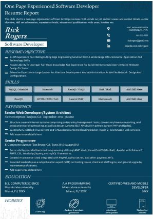 One page experienced software developer resume report presentation report infographic ppt pdf document