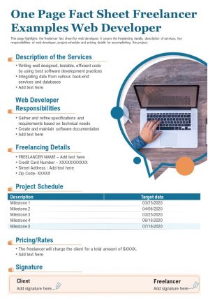 One page fact sheet freelancer examples web developer presentation report ppt pdf document