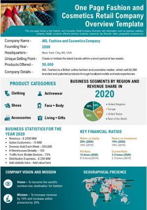 One page fashion and cosmetics retail company overview template presentation report infographic ppt pdf document