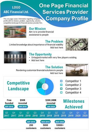 One page financial services provider company profile presentation report infographic ppt pdf document