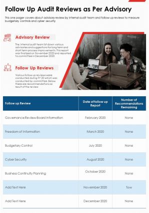 One page follow up audit reviews as per advisory presentation report infographic ppt pdf document