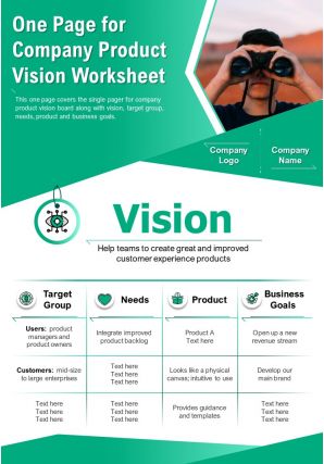 One page for company product vision worksheet presentation report infographic ppt pdf document