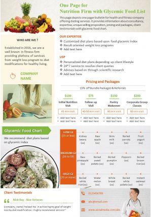 One page for nutrition firm with glycemic food list presentation report infographic ppt pdf document